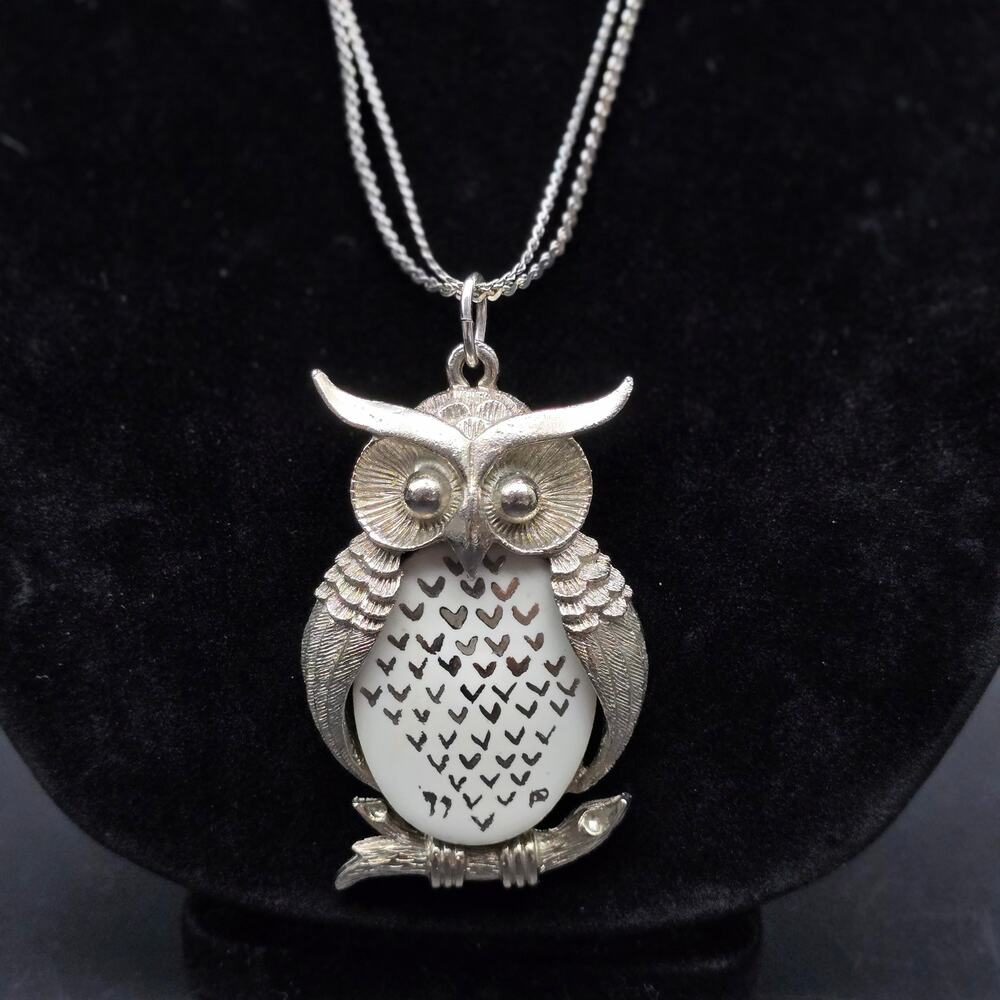 Vintage Owl Pendant Necklace Silver Tone Handpainted Ceramic Belly 1970s